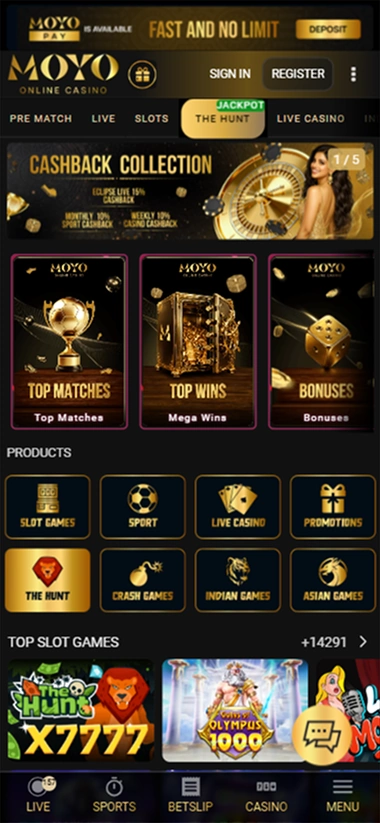 screen-1 Mobile home page with products and top slots