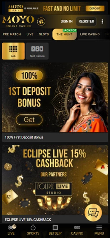 Mobile promotions list with deposit bonus and cashback